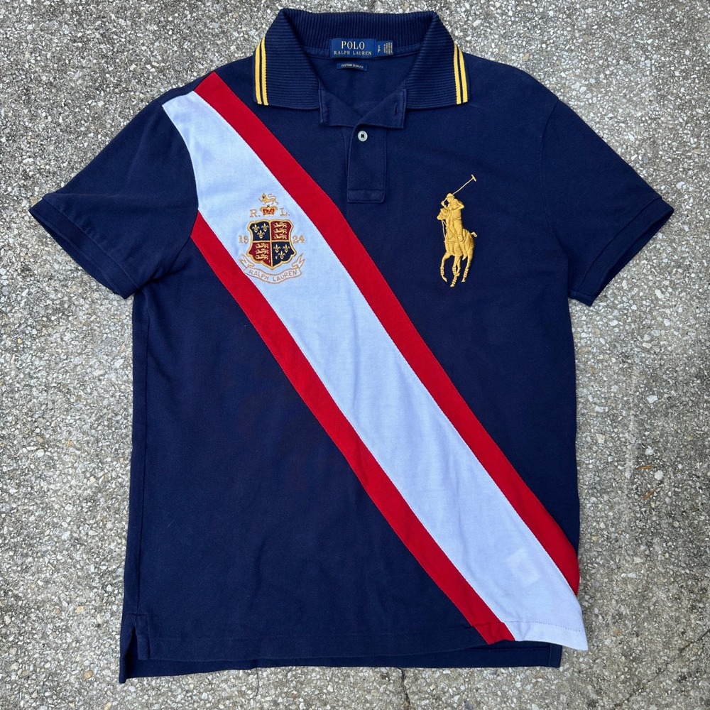 Polo Ralph Lauren Mens Small Navy Blue Big Pony Sash Crest Polo Shirt Slim Fit